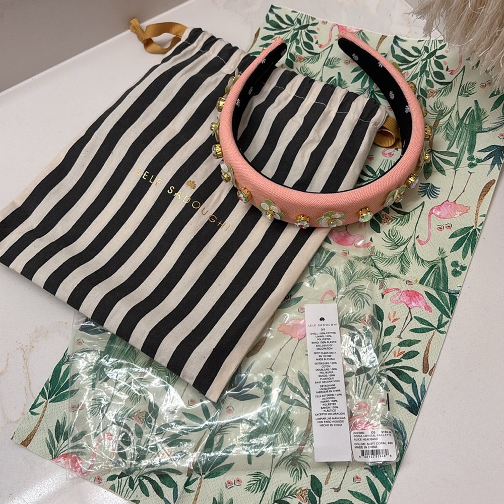 Lele Sadoughi Peach Floral Embellished Alice Headband - Picture 5 of 11